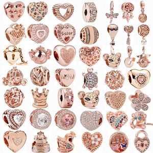 2022 Original 925 Silverpärlor Rose Gold Sparkling Heart Lock Key Pendant Pärlor Charm Fit Pandora Charms Armband Women Diy Jewel321J