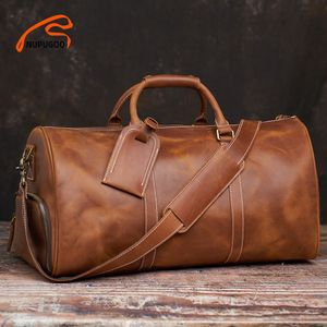 Duffel Bags Vintage Erkekler Seyahat Çantası Orijinal Deri El Bagaj Boston Çanta Duffle 16 inç Dizüstü Bilgisayar Nupugoo için Büyük Kapasite Omuz 230719