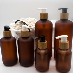 10pcs 120ml 250ml 500ml Amber Frosted PET Bottle with Black White Bamboo Pump Sprayer for Lotion Shampoo Cosmetic Etc 201014289N