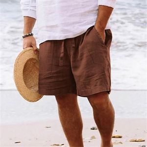 Men's Shorts Summer Cotton Linen Knee Length Board White Men Solid Beach Male Drawstring Thin Breathable Sweat Short Pants