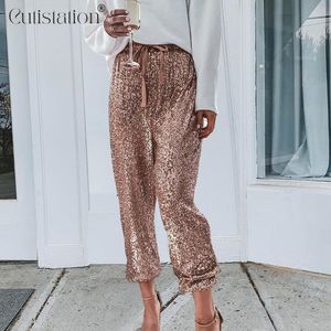 Damenhosen Cutistation Gold Pailletten Damen Frühling 2023 Elastische Taille Lose Lässige Luxus Party Glitzer Hose Plus Size Europäische Kleidung 230719