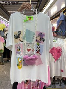Kvinnors hoodies tunga industrin pärlor rhinestone tecknad söt kort hylsa t-shirt 2023 sommar lös rund nacke kawaii toppleverans doll
