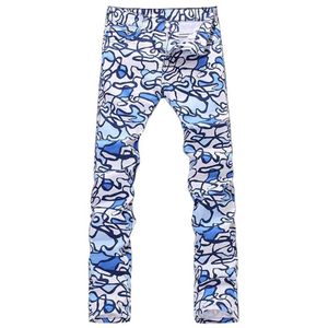 Men's Jeans Slim Doodle Print Male Causal Elastic Thin Denim Straight Pants Long Trousers3285