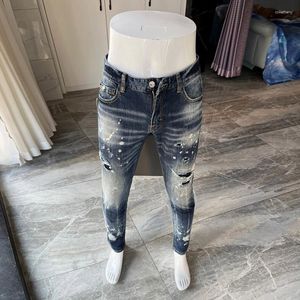 Męskie dżinsowe mody Mężczyźni Wysokiej jakości retro niebieskie elastyczne Slim Fit Painted Risted Patled Hip Hop Brand Pants Hombre