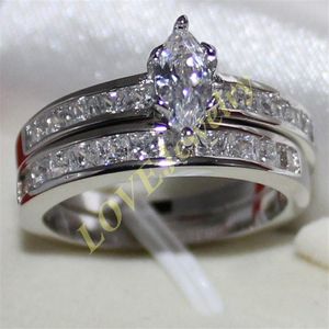 Lady's 925 Silver Filled Marquise-cut Simulated Diamond CZ Side Stone Couple Ring Set Two Layers Wedding Size 9 11 Brand Jewe222c