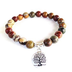 MG0839 8 mm Picasso Jasper Pulseira para Mulheres Novo Design Amuleto Árvore da Vida Yoga Mala Pulseira Proteção de Energia Jóias 255g