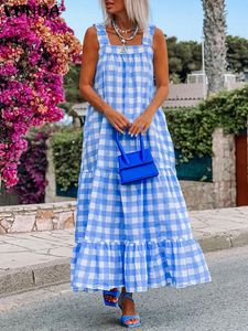 Grundläggande avslappnade klänningar Voda Bohemian Summer Long Dress Womens Sexig spaghetti axelband Vanlig mönster tryck strand sol lös rufsled vestito 230718