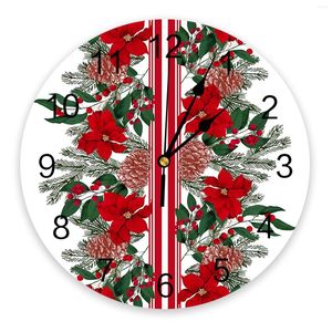 Relógios de parede Natal Poinsettia Pine Needles Clock Grande Cozinha Moderna Sala de Jantar Redonda Quarto Silencioso Relógio Pendurado