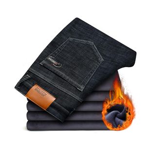 Mäns jeans 2021 vinter svart smal fit elastisk denim byxor manlig tjock fleece för stora och höga män storlek 38 40 42 44 46297Z