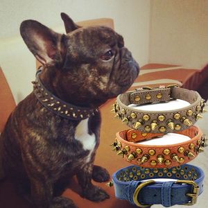 Hundhalsar Leases French Bulldog Dogs Collar Retro Golden Rivet Studded Leather Pet Collar For Small Medium Lare Dogs Spiked Neck Strap 230719