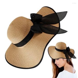 Breda randen hattar kvinnor fedora hatt sommar vikbar strandstrå med bowknot uv för resor utomhus sol