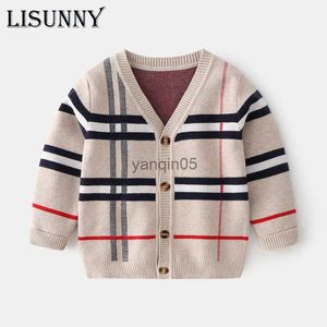 Pullover Boys Cardigan Sweater Plaid 2023 Spring Autumn Children Knitted Cardigans Striped V-Neck Baby Clothes Kids Coat England Style HKD230719