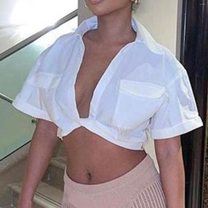 Women's Polos Short Sleeve Women Turn-down Collar Blouses Ladies Front Twist Crop Shirt Loose Fit Spicy Girl Cocktail Party Clothing