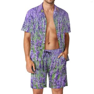 Herrspårar lavendelfält strand män set trädgård blommor tryck avslappnad skjorta set sommarmönster shorts tvådelar hawaii kostym plus storlek