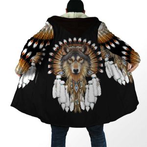Men's Wool Blends 2021 Winter Mens cloak Beautiful Tribal Native Wolf 3D full Printing Thick Fleece Hooded Coat Unisex Casual Warm Cape coat DP15 HKD230718