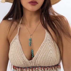 Pendant Necklaces Boho Long Green Beads Turquoise Choker Necklace For Women Sexy Bikini Adjust Cross Chest Chain Jewelry Y2K Accessories