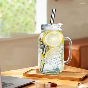 Wine Glasses 1PC Mason Jar Mugs With Handles Old Fashioned Glass Bottle Juice Drink Clear Water Cover Straw Drinkware Cup