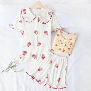 Women's Sleepwear Japanese Summer Women Pajamas Suit Cotton Crepe Ladies Solid Color Nightwear Sweet Cute Short-Sleeved Home Shorts