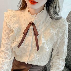 Women's Blouses Bow Applique Women Spring Blouse Tops Stand Collar Long Sleeves Lace Patchwork Solid Color Shirts Top Vintage T339