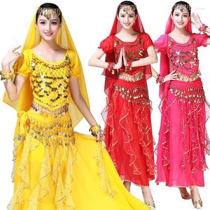 Stage Wear Bollywood Belly Dance Costume Set Sari Bellydance Skirt Suit Women Chiffon 4pcs (Headpieces Veil Top Belt Skirt)