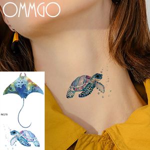 OMMGO Aquarell Tattoo Aufkleber Schildkröte Teufel Fisch Marine Temporäre Tattoos Für Frauen Kinder Cartoon Gefälschte Tatoos Körper Kunst Kinder