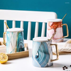 Mugs Creative Ceramic Mug Marbling Coffee Cup With Lid Spoon Milk Water Cups Home Drinking Birthday Gift