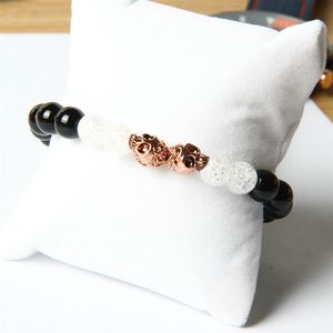 Nya par smycken hela 8mm naturlig svart onyx sten med popcorn kristallpärlor dubbel skalle pärlband armband295g