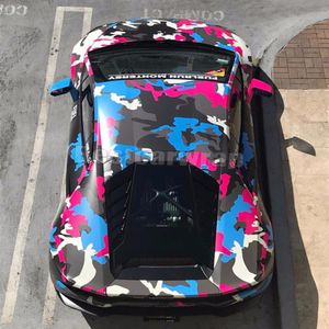 2019 Färgglada blå rosa svart camo vinyl wrap för fordonsbil wrap grafik camo som täcker klistermärken folie med luftbubbla 1 52x2706