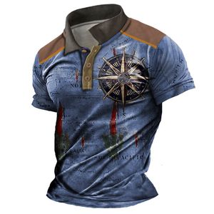 Mens Polos retro polo shirt 3D printing compass lapel mens casual golf clothing summer short sleeved Tshirt holiday 230718
