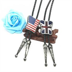 Bolo Ties Fashion Western Cowboy Bolo Tie British Flag American Flag Metal Backle Black Leather Necktie Men's Necklace Jewelry HKD230719