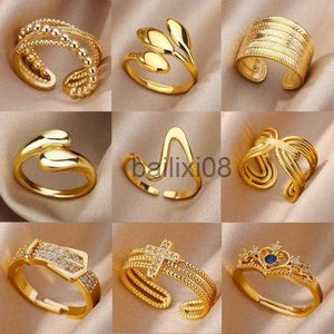 Band Rings 12 Style Women Stainless Steel Rings Gold Color Hollow Out Geometric Open Ring for Female Girl Finger Jewelry Gift Free Shipping J230719