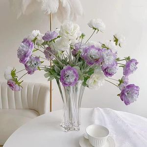 Decorative Flowers 4Pc Simulation Flocking 4 Heads Lotus Luxury Home Decoration Ornaments Wedding Bouquet Party Artificial Peony Flower