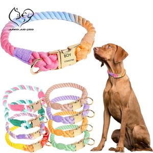 Dog Collars Leashes Macaron Collar Puppy Customize Engraved ID Tag Rainbow Cotton Weave for Large Medium Small Pet Supplies Accessories 230719