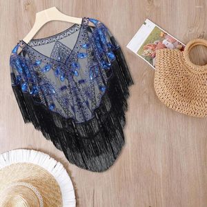 Halsdukar lady retro cape kontrast färg sjal 1920 -talet kvinnors paljett tassel franspärlade faux pärla ren mesh wrap v hals