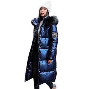 Women's Down Parkas Women X-Long Exthize Blue Down Jackets Thick Carucation with Fur Epaulet 2021 Winter Female Down Coats Hooded Solid Piumini Donna HKD230719