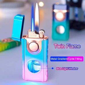 Isqueiro de fogo duplo Cool Blue Light Straight In Plus Chama aberta Inflável Fumar Acessórios para cigarros Ferramentas masculinas JVZD