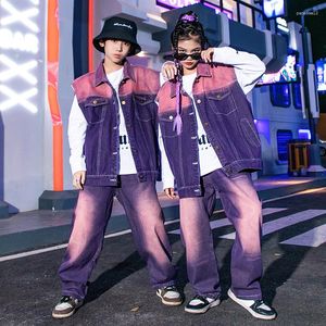 Stage Wear Kids Fashion Hip Hop Clothing Purple Sleeveless Jacket Streetwear Jeans Pants For Girl Boy Dance Costume Show Outfits
