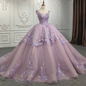 Lusso lavanda senza maniche abiti quinceanera abito di sfera dolce appliques 3d abiti floreali sweep treno vestidos de 15 anos