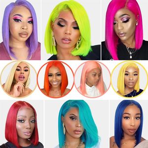 IShave 13x1 T Part Care Lace Human Hair Wigs Brazilian Straight Short Bob Wig 99J 613 Blonde Color Pink Green Red Blue Ginger Ommer для 2227