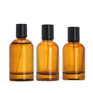 Garrafa de vidro vazia bomba de crimpagem recarregável tampa preta 1oz 2oz 3oz portátil marrom redondo embalagem cosmética frascos de amostra spray de névoa frascos de perfume 30ml 50ml 100ml