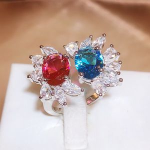 Fidanzata gioielli anello nuziale donna dolce rosso blu cristallo zircone diamante anello in oro bianco festa regalo di compleanno regolabile