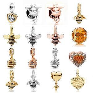 925 Silber Fit Pandora Charm Neue Europäische Rose Gold Biene Perle Baumeln Mode Charms Set Anhänger DIY Feine Perlen schmuck