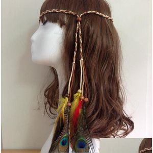 Headbands Women Girl Suede Leather Headband Bohemian Boho Peacock Feather Braided Chain Hair Rope Band Hippie Hairband Wrap Drop Del Dhxgd