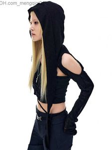 Women's Knits Tees Goth Dark Y2k Punk Gothic Cut Women's Crop Top Grunge Hooded Casual Long Sleeve T-shirt Irregular Hem Fashion Street T-shirt Z230719