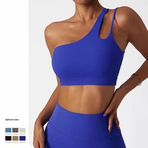 Roupa de ioga sexy sutiã esportivo de um ombro suporte médio sem fio sutiã de ginástica com almofada removível pull up cueca feminina colete