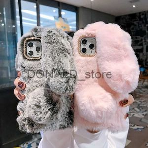 Cell Phone Cases Warm Rabbit Fluffy Fur Phone Case For iPhone 14 Pro Max 13 12 11 Pro Max X XR XS Max 7 8 Plus Coque 3D Rabbit Ears Soft Back Bag J230719