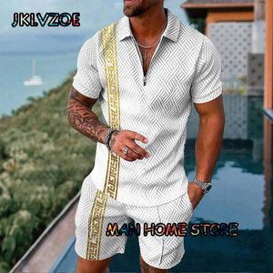 Mens Tracksuits Fashionable white summer mens short sleeved polo shirt 2piece luxury printed clothing casual set street 230718