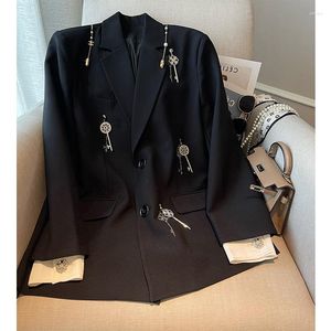 Kvinnors kostymer Fashion Black Blazer Coat Design sömmar Färgkontrast Drill Knapp Dekorativ nyckeldräkt 1 datorer