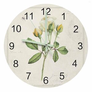 Orologi da parete Vintage Country Plant White Rose Luminoso Orologio a puntatore Ornamenti per la casa Rotondo Silenzioso Soggiorno Decorazioni per ufficio