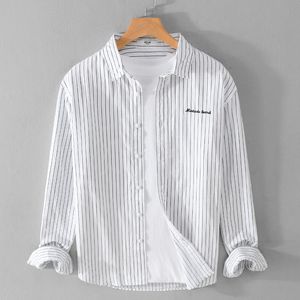 Camisas casuais masculinas 2023 moda primavera outono listrado manga longa estilo fresco e artístico coreano algodão puro masculino T 230718